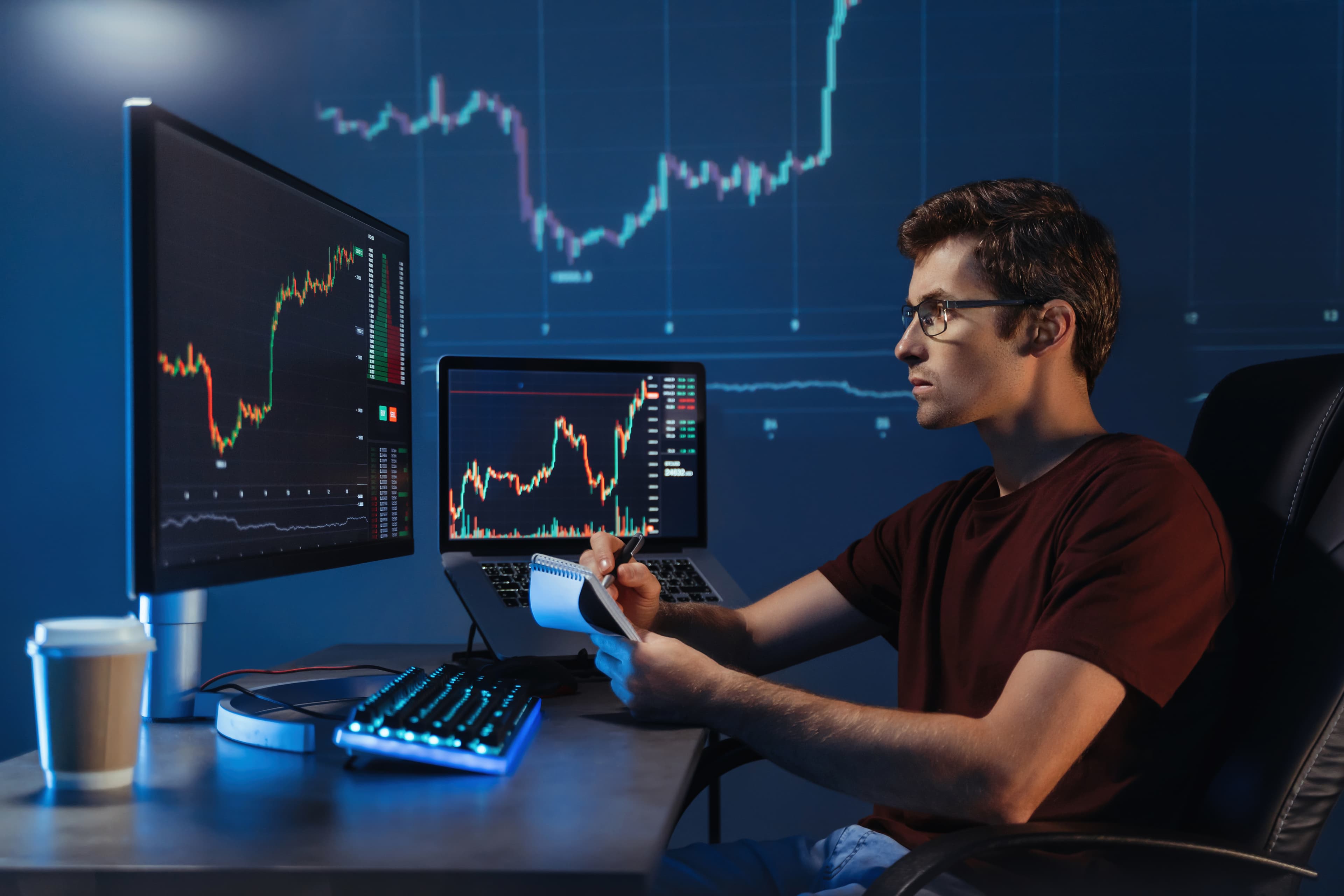Trader analizando sus gráficas en dos monitores con un journal de trading de futuros